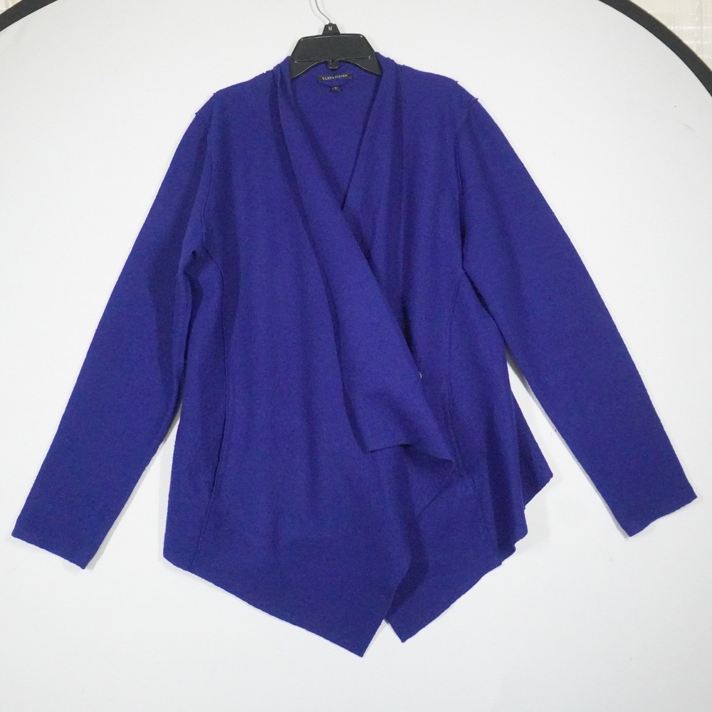 Eileen Fisher Cardigan Womens M Blue Merino Boiled Wool Draped Open Front Jacket